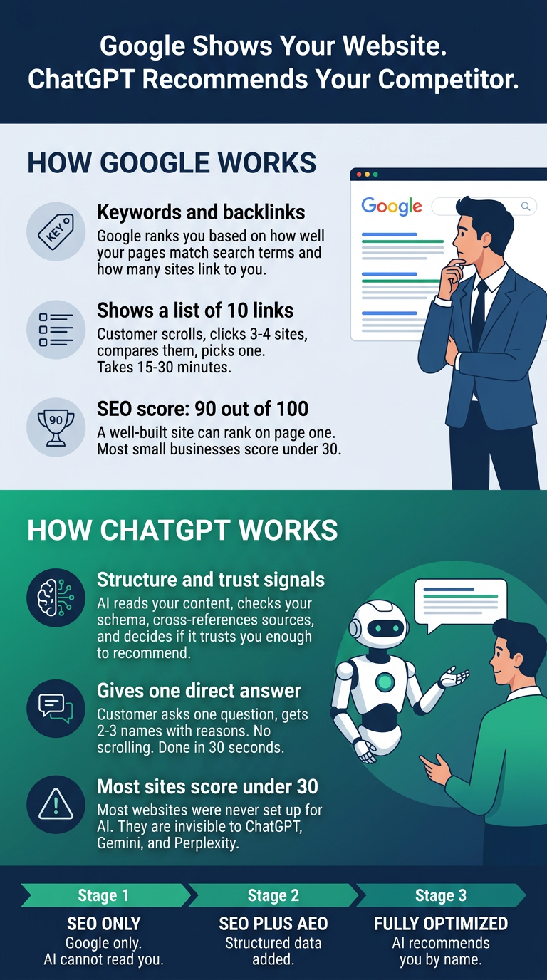 Google shows your website but ChatGPT recommends your competitor - SEO vs AEO comparison infographic